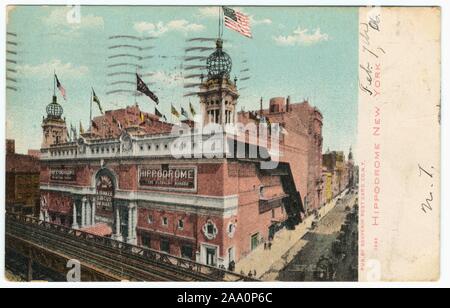 Illustrierte Postkarte von der Außenseite der Hippodrome Theatre, 1906. Die New Yorker Hippodrom, Theater District, Manhattan, New York City, von Souvenir Post Card Co. Aus der New York Public Library veröffentlicht. () Stockfoto