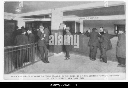 Postkarte von Männern in den H.B. M, 1915 warten eingraviert. Generalkonsulat Versand Zweig innerhalb der Seeleute Kirche Institut, 25 South Street, New York City. Von der New York Public Library. () Stockfoto