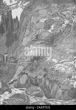 Monochrome Darstellung einer Szene aus dem Buch "Pilgrim's Progress" von John Bunyan, mit der pilger bis an einem steilen Felsen auf Halten zu den Wurzeln und Ästen, von George Rhead, durch das Jahrhundert Co, 1898 illustriert. Von der New York Public Library. () Stockfoto