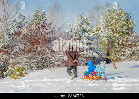 Vater reitet Kinder auf einem Schlitten. Wandern auf einem eisigen Winter Tag in der Natur mit der Familie. Ansicht von hinten, von hinten. Winter Landschaften. Stockfoto