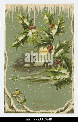 Illustrierte Postkarte "Fröhliche Weihnachten" bietet eine Nacht Szene von einem schneebedeckten Feld und ein Dorf Kirche unter dem Vollmond, mit dekorativen holly Zweige im Vordergrund, die von H. Niehoff Co, 1910 veröffentlicht. Von der New York Public Library. () Stockfoto