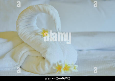 Schönen Schwan von weiße Badetuch auf weißen Bett dekorieren. Handtuch Swan mit aktuellen Blumen - Frangipani. Schönen Gruß vom Hotel. Stockfoto