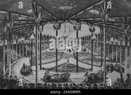 Monochrome Darstellung der innenansicht von Phineas Taylor Barnum der Großen Römischen Hippodrom im Madison Square Garden, New York City, mit Menschen, von Pferden gezogenen Wagen, in die tägliche graphische Zeitung, 1874 veröffentlicht. Von der New York Public Library. () Stockfoto