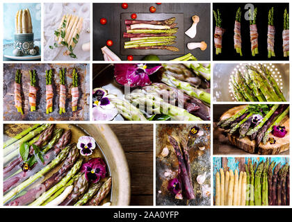 Essen set Collage der verschiedenen Bilder von weiß grün violett Spargel. Gesunde vegetarische Diät essen. Platz kopieren Stockfoto