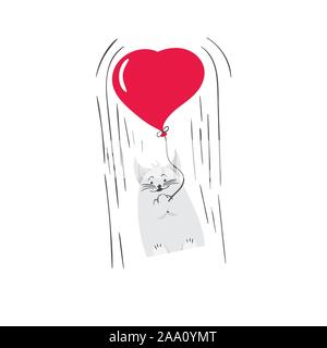 Cute Kitten wünsche einen schönen Urlaub. Das Kätzchen ist das Fliegen in einem Ballon-Vector Illustration Stock Vektor