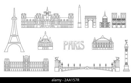 Vektor einrichten der wichtigsten Sehenswürdigkeiten von Paris. Vector Illustration in Line Art Stil in schwarzer Farbe auf weißem Hintergrund. Paris Vektor icon. Paris bui Stock Vektor