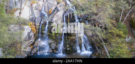 Süßwasser aus einem Bach stürzt tief über eine felsige Klippe bilden einen schönen Wasserfall in einem wilden Kalifornien Wald. Stockfoto