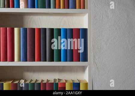 Detail aus einem Bücherregal mit präzisen Reihen von bunten Bücher in eine weiße Wand, Kopie Raum Stockfoto