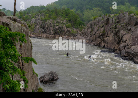 Zwei Männer auf Kajaks paddlying auf dem Fluss in Great Falls National Park, Virginia Stockfoto