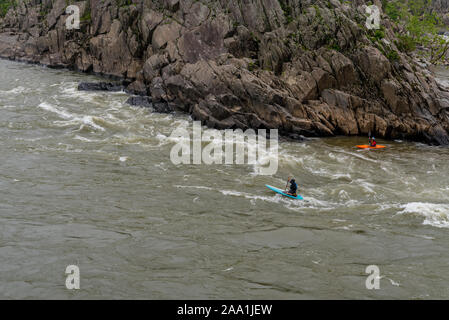 Zwei Männer auf Kajaks paddlying auf dem Fluss in Great Falls National Park, Virginia Stockfoto