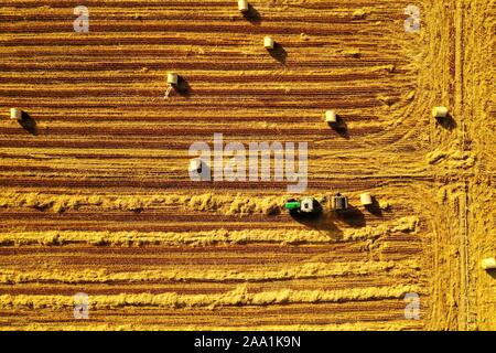 Peking, China. Nov, 2019 18. In diesem Luftbild an November 18, 2019, ein Landwirt packs Stroh in einem Feld Caofeidian, im Norden der chinesischen Provinz Hebei. Quelle: Xing Guangli/Xinhua/Alamy leben Nachrichten Stockfoto