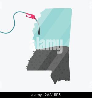 Karte von Mississippi, in den USA, wird durch Öl getankt. Tankstelle getankt. Auf der Karte gibt es Glas Reflexion. Amerikanischen Staates. Konzeptionell. Öl produzierenden Stock Vektor