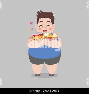 Big Fat glücklicher Mann genießen Junk food Healthcare Konzept cartoon gesund Charakter Flachbild vektor design Essen. Stockfoto