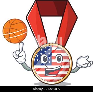 Cartoon usa Medaille mit der Holding basketball Charakter Stock Vektor