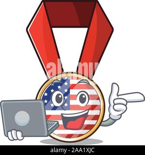 Cartoon usa Medaille mit in Mit bringen Laptop Charakter Stock Vektor