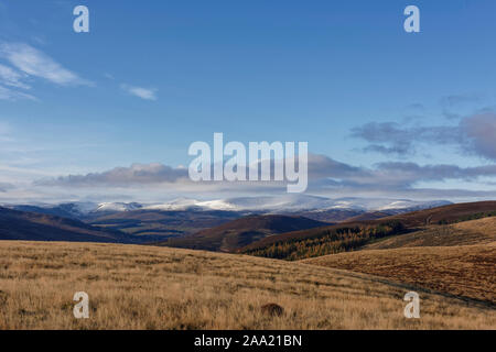 Blick über die Hügel und Täler der Angus Glens, in Richtung Westen die schneebedeckten Berge des Cairngorm National Park von tulloch Hill. Stockfoto