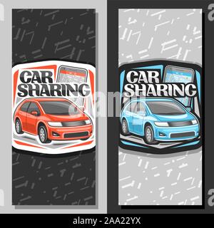Vektor Banner für Car Sharing, Beschilderung mit roten und blauen cartoon Kleinwagen Limousine und Smartphone, original Schriftzug für Wörter car sharing, Innov Stock Vektor