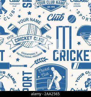 Cricket Club nahtlose Muster oder Hintergrund. Vector Illustration. Nahtlose sport Muster mit Cricket ball, Wicket, Kaution und Helm Silhouette. Cricket Sport Club Textur. Stock Vektor