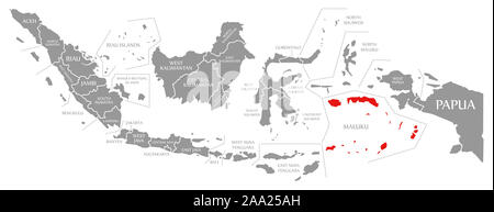 Maluku rot markiert auf der Karte von Indonesien Stockfoto
