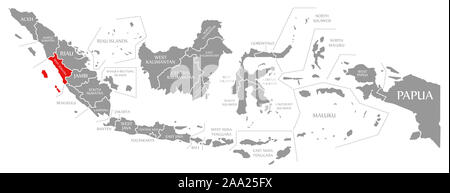 West Sumatra rot markiert auf der Karte von Indonesien Stockfoto