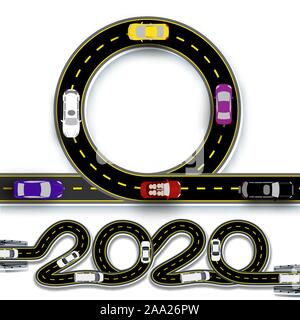 2020 für das neue Jahr. Die Straße ist wie eine Inschrift und kreisförmige Bewegung stilisiert. Für Werbung, Ankündigung statt. Die Bewegung des Autos. Vektor illustr Stock Vektor