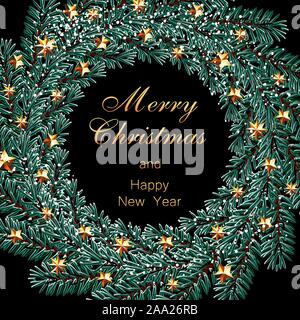 Weihnachten, Neujahr Inschrift. Dunkel grüne Zweige in der Form einer Weihnachten Kranz mit goldenen Sternen und Schnee Fichte. Vector Illustration Stock Vektor