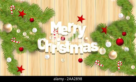 Frohe Weihnachten Vektor Ornamente mit roten Kugeln, Süßigkeiten, Sterne und Blätter. Hintergrund Holz Textur. Vector Illustration Stock Vektor