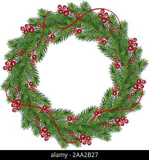 Realistische Weihnachten vektor Kranz mit roten Beeren auf immergrüne Zweige mit Platz für Text. Isolierte xmas Illustration für Grußkarte Stock Vektor