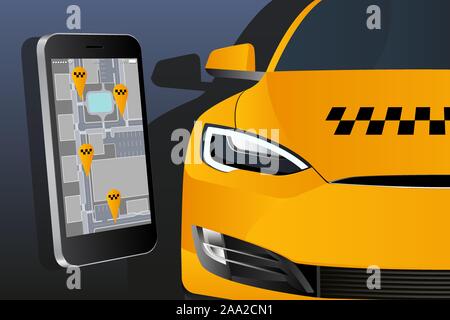 Mobile Anwendung für die Bestellung einer elektrischen Taxi. Template Design auf einem dunklen Hintergrund. Vector Illustration EPS 10. Stock Vektor