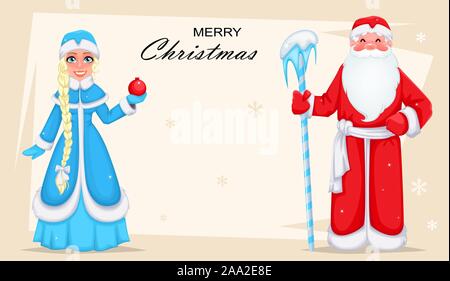 Russischer Weihnachtsmann 'Ded Moroz" (Väterchen Frost) und seine Enkelin Snegurochka (Snow Maiden). Fröhliche Zeichentrickfiguren. Vector Illustration Stock Vektor