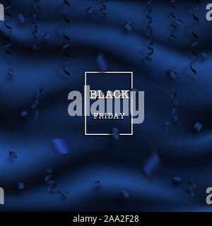 Schwarzer Freitag ale-Label mit langen Band, Konfetti auf Dunkelblauem gewellten Falten aus Seide Hintergrund. Vector Illustration 3D-Stil für Promotion Marketing Stock Vektor