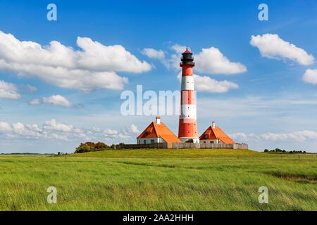Leuchtturm Westerheversand, Westerhever, Eiderstedt, Norden Frisia, Schleswig-Holstein, Deutschland Stockfoto