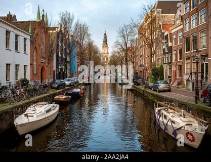 Zuiderkerk, Kirche, Kanal mit Booten, Groenburgwal, Amsterdam, Holland, Niederlande Stockfoto