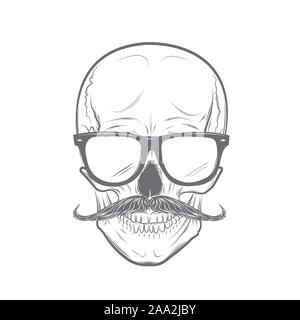 Hipster Schädel mit Schnurrbart. Totenkopf, Schädel Abbildung auf weißem Hintergrund. Vector Modus Stock Vektor