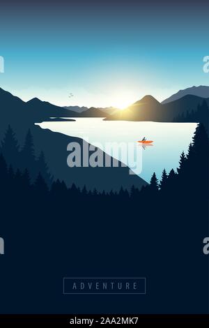 Lonely Kanu Abenteuer mit orange boat bei Sonnenaufgang auf dem Fluss Vektor-illustration EPS 10. Stock Vektor