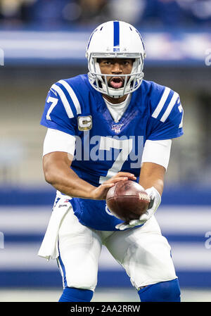 November 17, 2019: Indianapolis Colts quarterback Jacoby Brissett (7) Während der NFL Football Spiel Action zwischen der Jacksonville Jaguars und die Indianapolis Colts im Lucas Oil Stadium in Indianapolis, Indiana. Indianapolis Jacksonville 33-13 besiegt. Johann Mersits/CSM. Stockfoto