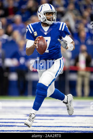 November 17, 2019: Indianapolis Colts quarterback Jacoby Brissett (7) passt den Ball während der NFL Football Spiel Action zwischen der Jacksonville Jaguars und die Indianapolis Colts im Lucas Oil Stadium in Indianapolis, Indiana. Indianapolis Jacksonville 33-13 besiegt. Johann Mersits/CSM. Stockfoto
