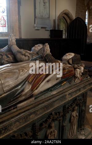 Sir Richard Knightley und Jane Skenard Denkmal, Kirche St. Maria, der Jungfrau, Fawsley, Northamptonshire, England, Großbritannien Stockfoto