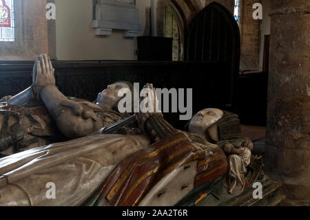 Sir Richard Knightley und Jane Skenard Denkmal, Kirche St. Maria, der Jungfrau, Fawsley, Northamptonshire, England, Großbritannien Stockfoto