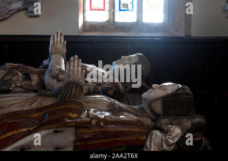 Sir Richard Knightley und Jane Skenard Denkmal, Kirche St. Maria, der Jungfrau, Fawsley, Northamptonshire, England, Großbritannien Stockfoto