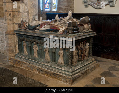 Sir Richard Knightley und Jane Skenard Denkmal, Kirche St. Maria, der Jungfrau, Fawsley, Northamptonshire, England, Großbritannien Stockfoto