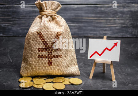Yen yuan Symbol Geld beutel und roten Pfeil nach oben Trend Chart. Kaution und Einsparungen. Iincreasing Gewinne und Erträge, Kapitalwachstum, profitables Geschäft eff Stockfoto