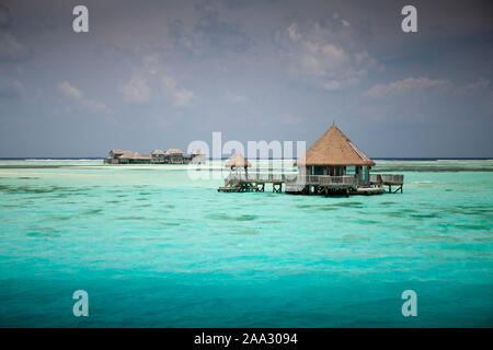 Luftaufnahme von Ferienhäuser Insel Lankanfushi, North Male Atoll, Malediven, Indischer Ozean Stockfoto