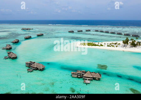 Luftaufnahme von Ferienhäuser Insel Lankanfushi, North Male Atoll, Malediven, Indischer Ozean Stockfoto