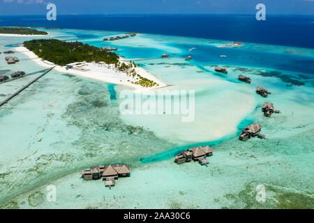 Luftaufnahme von Ferienhäuser Insel Lankanfushi, North Male Atoll, Malediven, Indischer Ozean Stockfoto