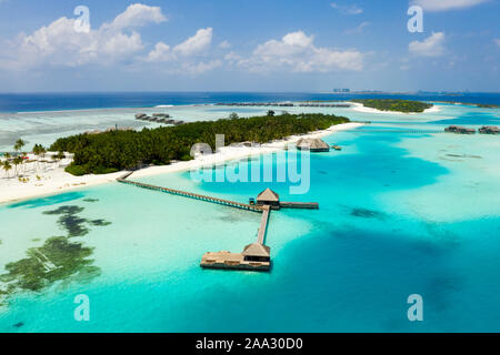 Luftaufnahme von Ferienhäuser Insel Lankanfushi, North Male Atoll, Malediven, Indischer Ozean Stockfoto