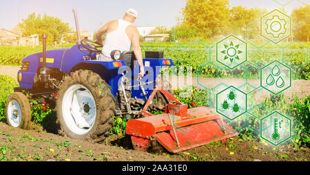 Hohe Technologien und Innovationen in der Agroindustrie. Landwirtschaftliche startup. Innovation. Automatisierung und Verbesserung der Qualität des Ernteguts. Traktor pflegt die Stockfoto