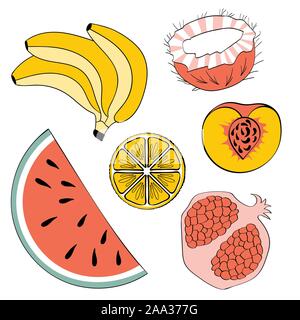 Einfache hand Früchte auf weißem Hintergrund dargestellt. Banane, Kokosnuss, Pfirsich, Orange, Granatapfel und Wassermelone. Vektor illustartion. Stock Vektor