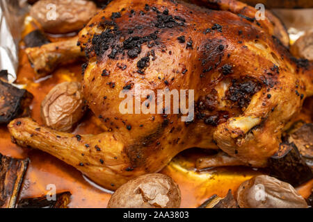 Appetitlich Huhn gebacken mit Kartoffeln und Süßkartoffeln Stockfoto