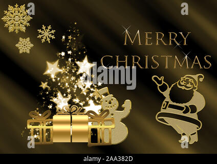 Golden Christmas Card mit Baum und die Geschenke. Gelbe Weihnachtskarte Stockfoto